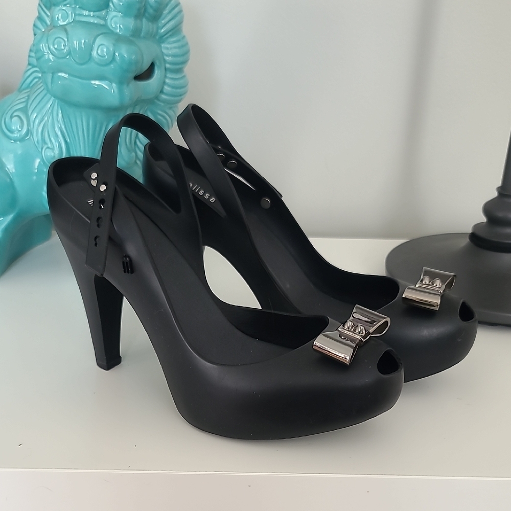 Melissa black slingback peep toe with real metal bow! NWOT.